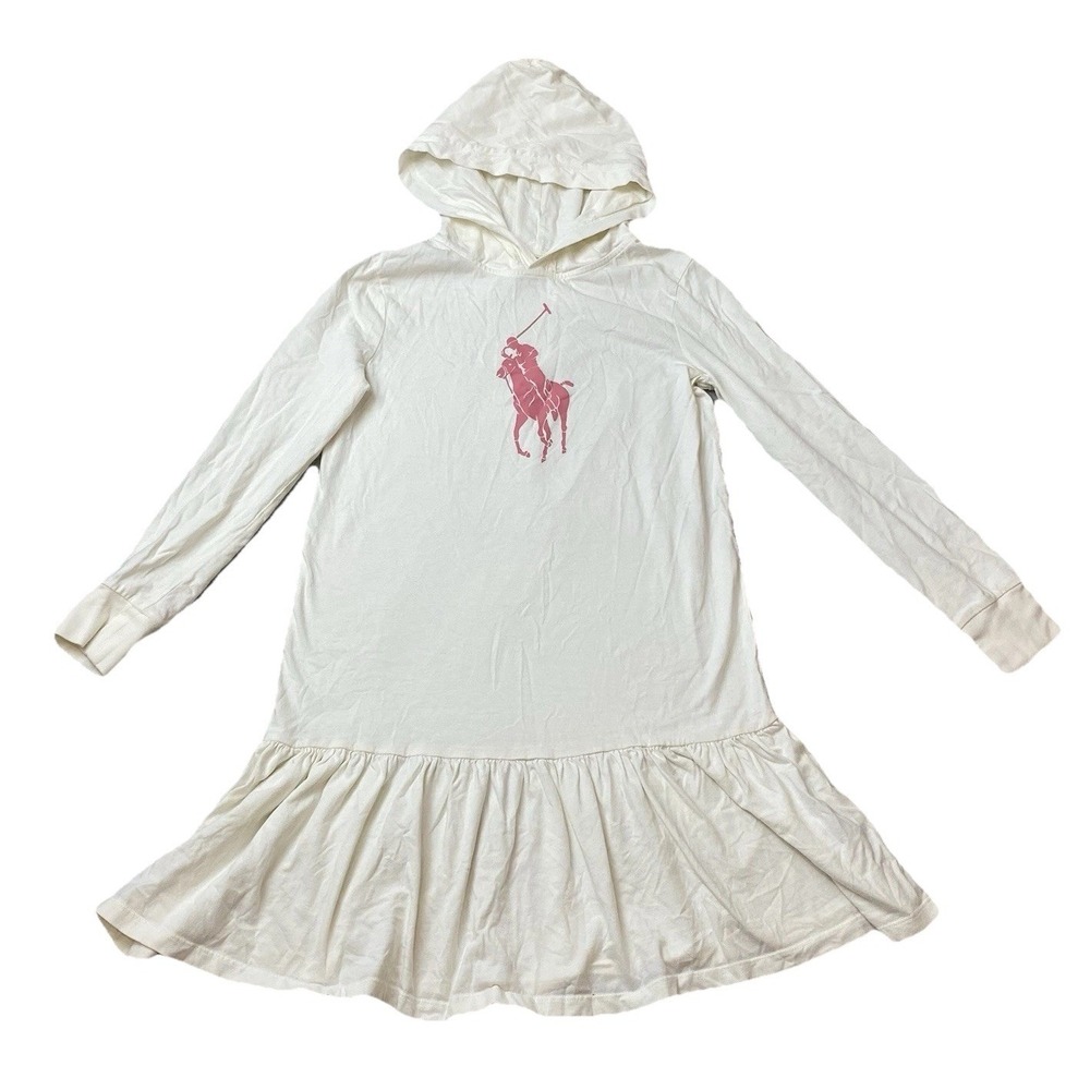 Polo Ralph Lauren Hooded Dress Girls L 12-14 Cream Pink Big Pony Ruffled Hem